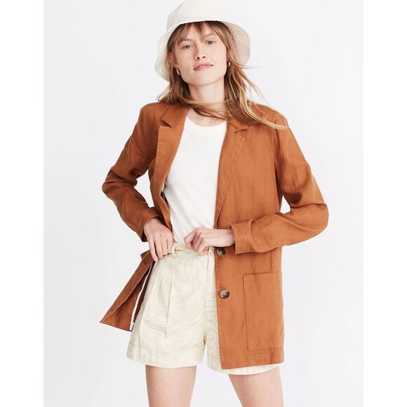 MADEWELL Linen Dorset Blazer Womens Small Brown Warm Hickory Lightweight Travel - Picture 1 of 15
